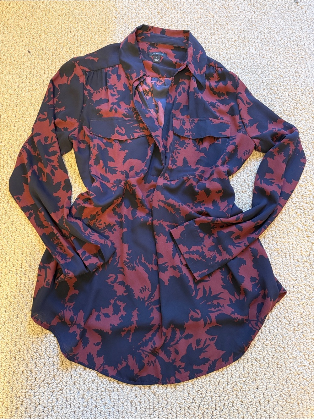 Ann Taylor Burgundy and Navy Floral Print Blouse
